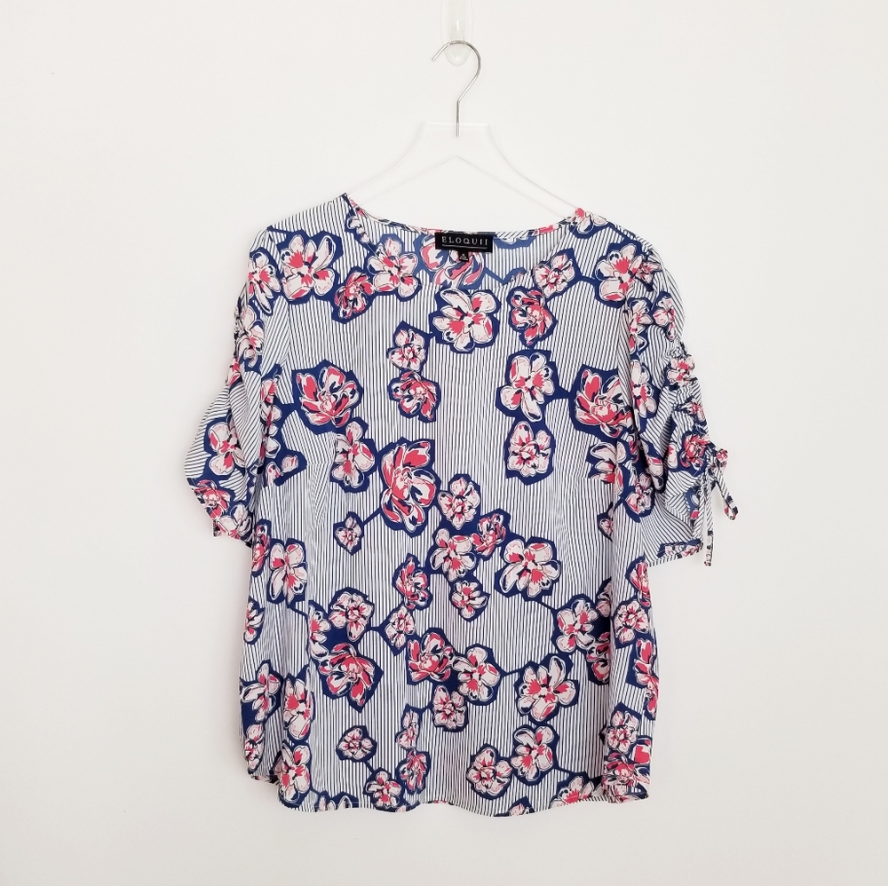Eloquii Striped Floral Ruched Sleeve Blouse